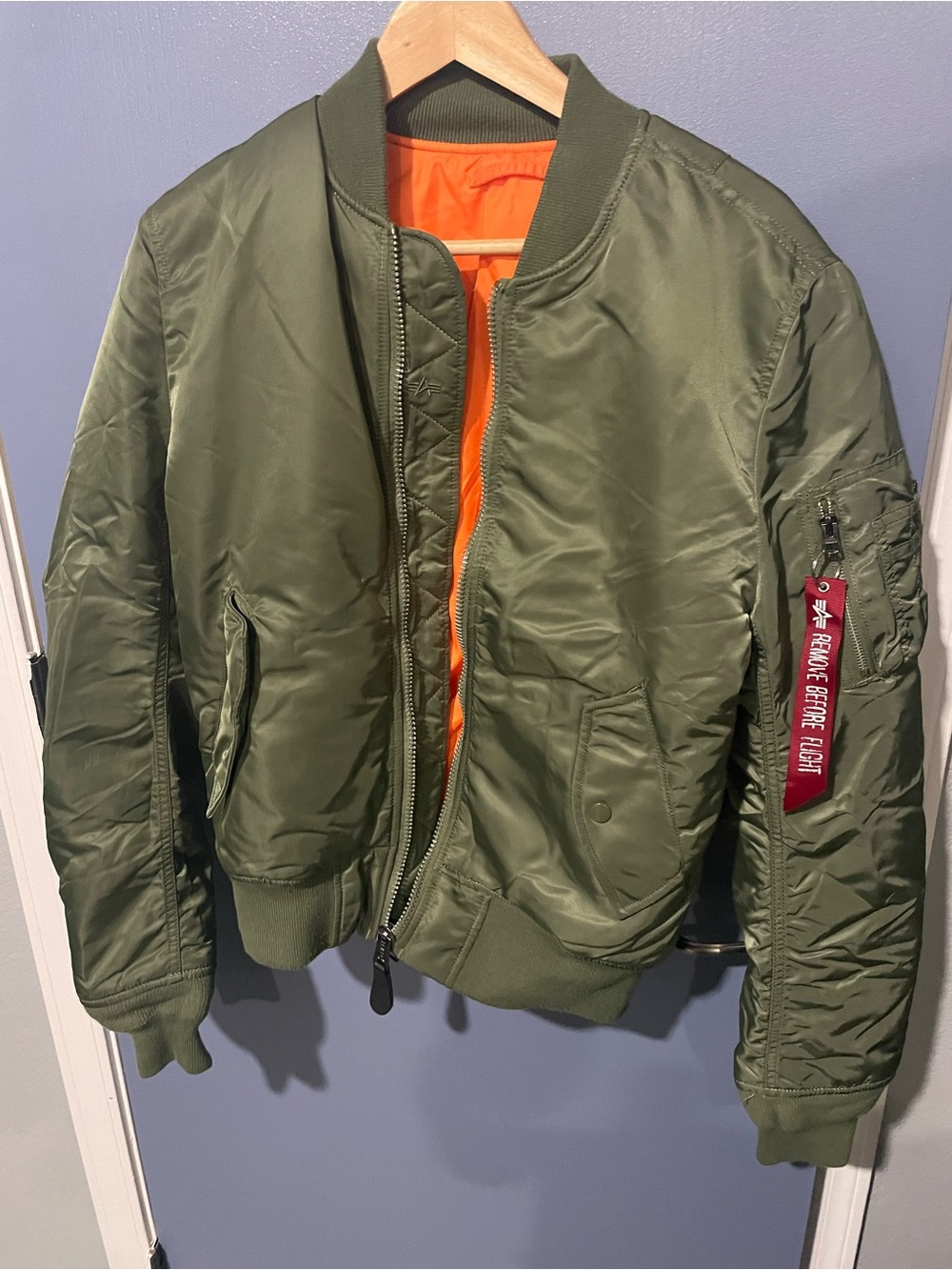 Alpha Industries Olive Bomber Jacket with Orange Lining